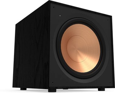 Klipsch R-121SW kubisk subwoofer i mat sort, stor rund kobberhøjttaler, set forfra