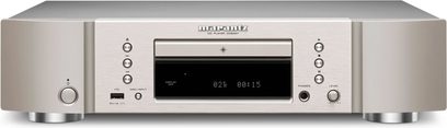 Leitor de CD Marantz CD6007 prata dourado, vista frontal, display digital azul, botões e controles no painel frontal
