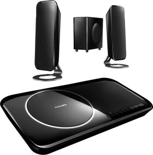 Philips HES-4900 hjemmebiograf-system med sort subwoofer, 2 sorte satellithøjttalere og fjernbetjening
