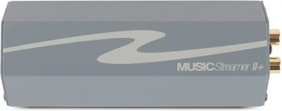 HRT Music Streamer II+ grå audio-DAC-konverter med hvidt logo og forgyldte stik, set forfra