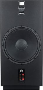 Sloupcový reproduktor Klipsch Forte IV, pohled zezadu, černá texturovaná dřevěná skříň, velký kruhový výhyb a dvojité svorky