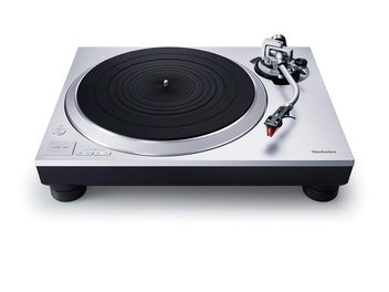 Technics SL-1500CEG-S zilveren platenspeler, bovenaanzicht licht van opzij, zwarte platenspeler, tonarm met element