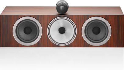 Centrální reproduktor Bowers & Wilkins HTM71 S3 v barvě moka, pohled zepředu, dřevěná skříň, 3 kulaté reproduktory, černý výškový reproduktor nahoře