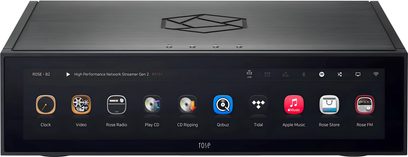 Netzwerk-Audioplayer RS151 schwarz mit rechteckigem Gehäuse, gebürsteter Metalloberfläche oben und Front-Touchscreen mit Symbolanzeige