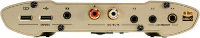Convertidor de audio portátil iFi Audio iDSD Valkyrie con conectores USB-C, RCA, jack de 3,5 mm, jack de 4,4 mm y logotipo Hi-Res Audio