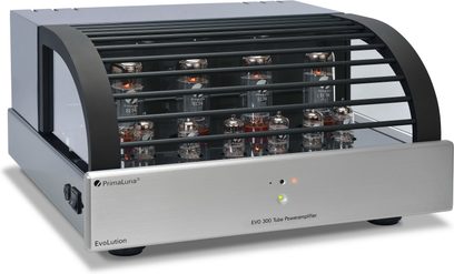 Amplificatore di potenza a valvole PrimaLuna EVO 300, vista frontale, telaio grigio metallizzato, 12 valvole elettroniche, griglia di ventilazione nera