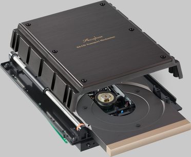 Cititor CD de înaltă fidelitate Accuphase DP-570, vedere din unghi, mecanism intern vizibil, carcasă neagră, elemente metalice