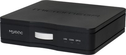 Convertitore audio DAC Micromega MyDAC nero, case rettangolare nero, frontale con logo, porte USB COAX OPTO, vista frontale