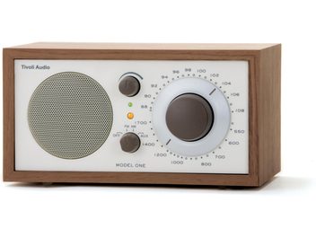 Radio da tavolo Tivoli Model One in legno di noce, frontale beige, grande quadrante a destra, altoparlante perforato a sinistra