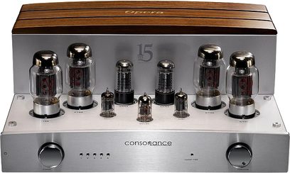 Stereo integreret rørforstærker Consonance Cyber 100 15th Anniversary, frontvisning, sølvfinish, frontpanel med 2 cirkulære knapper, 6 synlige rør på toppen, bagkappe i træ