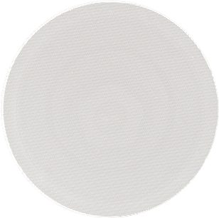 Inbyggnadshögtalare för tak E65-R v2, sedd framifrån, perforerat runt galler, tunn kant, vit finish