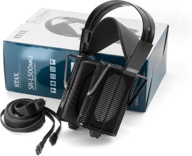 Cuffia hi-fi aperta STAX Lambda SR-L500 MK2 nera con archetto e cuscinetti in pelle, cavo spiralato e scatola blu