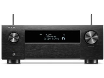 Amplituner kina domowego Denon AVC-X4800H w kolorze czarnym, przedni panel ze szczotkowanego aluminium, niebieski wyświetlacz, kwadratowe przyciski, aluminiowe pokrętła