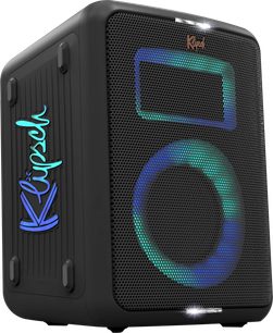 Přenosný černý Bluetooth reproduktor, pohled v perspektivě, perforovaná přední mřížka s kruhovým modrým a zeleným LED osvětlením, viditelné logo
