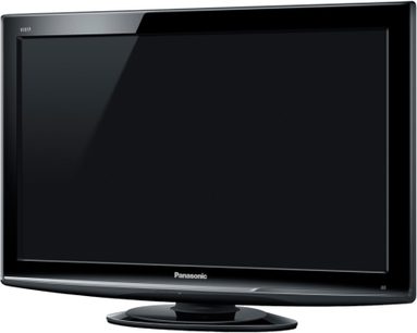 Panasonic TX-LF32S10 fladskærms-TV i sort, set forfra, placeret på et stativ