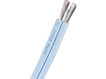 Supra Classic 1.6 blue speaker cable, light blue flat plastic sheath with printed markings, bare silver-colored stranded metal conductors, close-up diagonal view