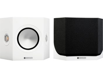 Monitor Audio Silver FX 7G baghøjttaler i satineret hvid. Hvid kubisk kabinet, sort rund højttaler i midten