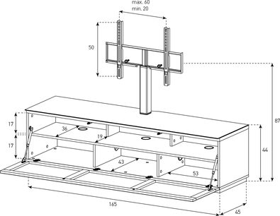 Teknisk tegning af et Sonorous Studio STA261T-BLK-BLK TV-møbel med dimensioner set forfra og fra siden