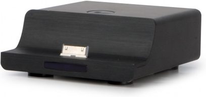 Cambridge Audio ID100 sort dockingstation set forfra i 3/4 vinkel, 30-bens dock-stik til iPod/iPhone