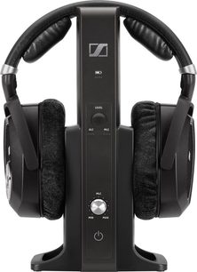 Cuffie wireless Sennheiser RS 185 nere, vista frontale, archetto imbottito, padiglioni auricolari circolari, controlli sull'auricolare destro