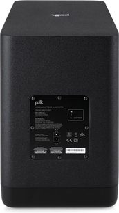 Μαύρο υπογούφερ Polk Audio React SW2, μπροστινή όψη, κυβικό σχήμα, κεντρικό κυκλικό ηχείο, συνδέσεις και ρυθμίσεις στο πίσω μέρος