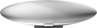 Trådløs højttaler Bowers & Wilkins Zeppelin Wireless hvid, set forfra, lys gråt stof, centralt aluminiumsbånd