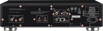 Pioneer BDP-LX58-K sort Blu-ray-afspiller, set forfra, audio/video-stik på bagsiden, display og knapper på forsiden