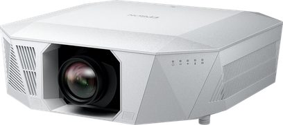 Epson EH-QL3000 hvit projektor, sett fra vinkel, sentralt plassert linse, sideventilasjonsgitter, glatt overflate