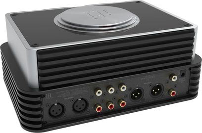 Preamplificator pentru căști iFi Audio iCAN PHANTOM 1.5 negru și argintiu, văzut din spate, cu conectori RCA și XLR și disc deasupra