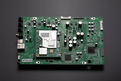 Grønt kretskort med mange elektroniske komponenter, brikker, kondensatorer og kontakter