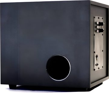 Cassa acustica Eltax SW800 nera, cabinet in legno opaco, presa d'aria laterale rotonda, vista posteriore a tre quarti con connettori