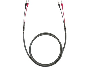 Lautsprecherkabel HP 101 Speaker 2 x 3,5m, Draufsicht, graue Ummantelung, rote und schwarze Bananenstecker, weißer Aufdruck