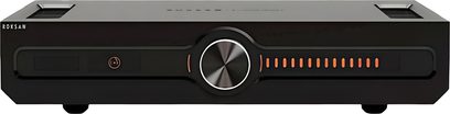 Integreret stereo hi-fi forstærker Roksan CASPIAN 4G, set forfra, med cirkulær centerknap og orange lysindikatorer
