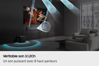 Soundbar Samsung HW-QS710F 2025 nera con finitura metallica, profilo sottile sotto TV, con subwoofer cubico coordinato, vista angolare
