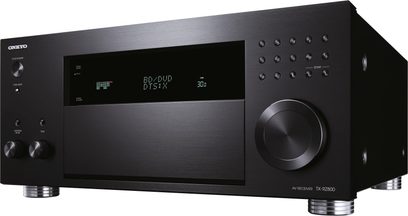 Onkyo TX-RZ800 sort hjemmebiografsforstærker, frontvisning, "BD DVD DISC" vist på LCD-skærm, knapper og kontrolhjul