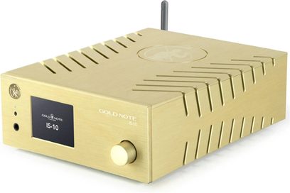 Augstas precizitātes CD atskaņotājs Gold Note CD-10 zelta krāsā, skats no leņķa, taisnstūrveida korpuss, zelta apdare, apaļa poga, taisnstūrveida ekrāns