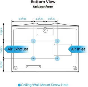 Proyector BenQ W2720i, vista inferior esquemática, 4 orificios de fijación, entrada y salida de aire identificadas, dimensiones en pulgadas/mm