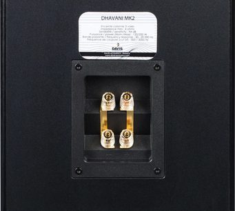 Coloană Davis Acoustics Dhavani MK2 neagră, vedere din spate, borne de bi-cablare din metal aurit și capace din plastic
