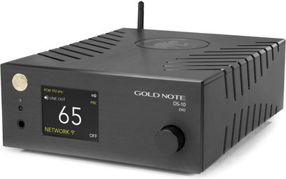 „Gold Note DS-10 EVO" juodos spalvos tinklinis garso grotuvas su ekranu, kuriame rodoma „65", sukamąja rankenėle, ausinių kištuku ir galinio skydelio antena