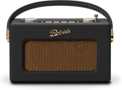 Roberts Revival Uno BT sort bordradio i kunstlæder, set forfra, med gylden metalgitter, tilpasset buet håndtag, cremefarvede knapper på toppen og kromantenne