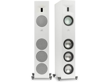 Cassa a colonna MartinLogan Motion XT F100 bianco opaco con pannello frontale rettangolare, 4 altoparlanti circolari e 1 tweeter rettangolare