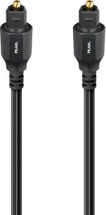 Optinis kabelis Toslink Audioquest Pearl, 1,5 m, juodas, PVC apvalkalas, du juodi plastikiniai jungikliai su auksuotais galais ir žymėjimu „PEARL“, priekinis vaizdas