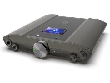 Black iFi Audio iDSD Valkyrie portable DAC, front view, large central volume knob and color display