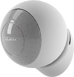 Altavoz compacto Cabasse iO3 sobre pedestal blanco mate, acabado en blanco, vista frontal, rejilla metálica circular