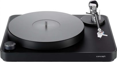 Hi-fi pladespiller ClearAudio Pack Concept Signature Jubilee Black, set ovenfra, sort cirkulært pladetallerken, tonearm til højre, hastighedsjusteringsknap nederst til venstre