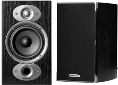 Polk Audio RTi A1 sort bogreolhøjttaler, set forfra og fra siden, med højttalere og basrefleksport