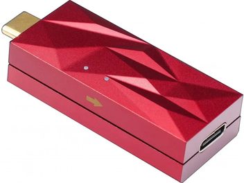 iDefender MAX roșu, formă dreptunghiulară, vedere în perspectivă, conector USB auriu, model geometric, săgeată aurie