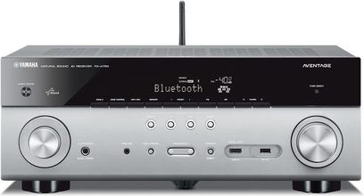 Yamaha RX-A750 Titan Heimkino-Verstärker, Vorderseite, Frontansicht, Tasten, Kopfhörer- und USB-Anschlüsse, LED-Anzeige, silberne Farbe