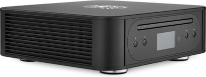 Černý CD přehrávač Block Éléments CD, pohled ze tří čtvrtin, s přední štěrbinou, displejem a drážkovanou bočnicí