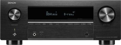 Schwarzer Denon AVC-X3800H Heimkino-Verstärker, Front mit großem Digitaldisplay und zwei großen Drehreglern